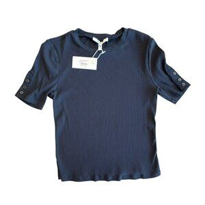 Derek Lam 10 Crosby Adrian Ribbed Top Medium Night Sky Navy Button Sleeve NWT Ne